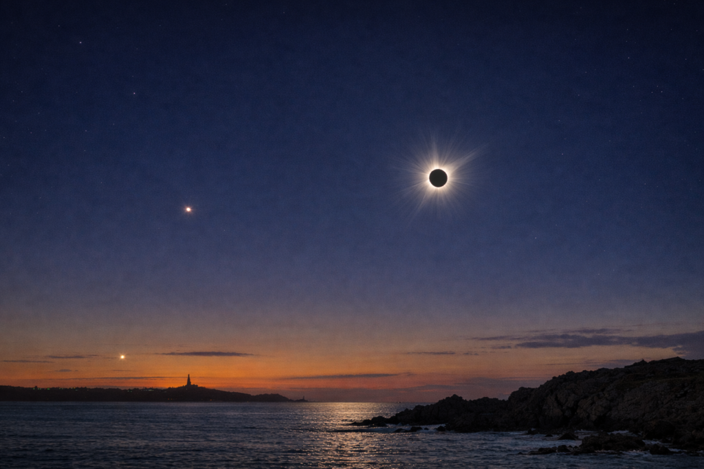 So ähnlich könnte die totale Sonnenfinsternis am 12. August 2026 in A Coruña aussehen. (Erstellt mit ChatGPT/Dall-E 3)